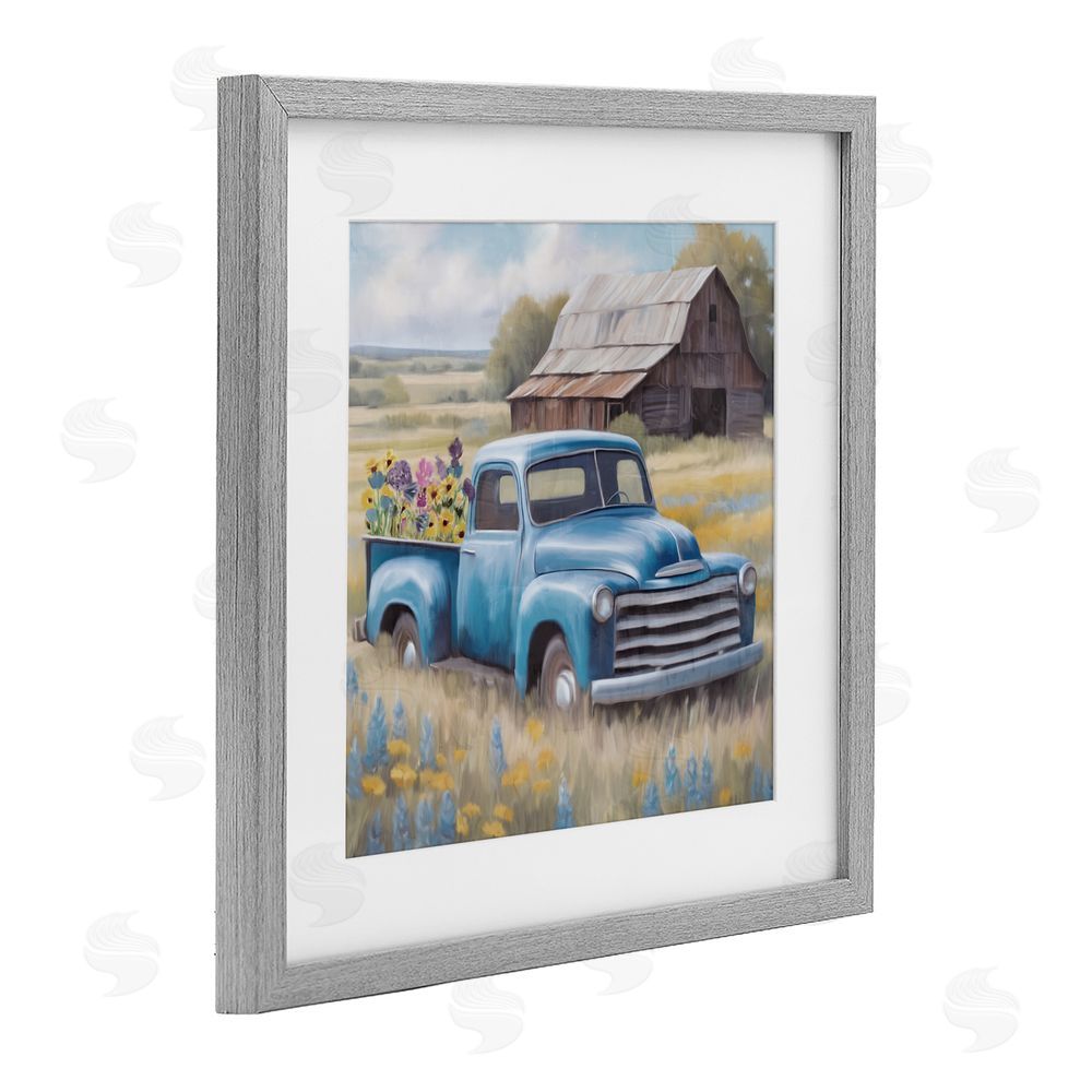 Kim Allen Flower Truck in Antique Blue Gray Framed Print Under Glass Wall Art