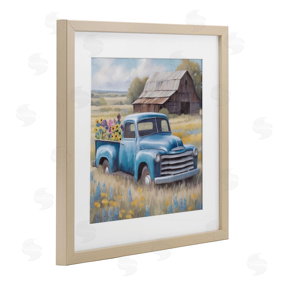 Kim Allen Flower Truck in Antique Blue Birch Framed Print Under Glass Wall Art