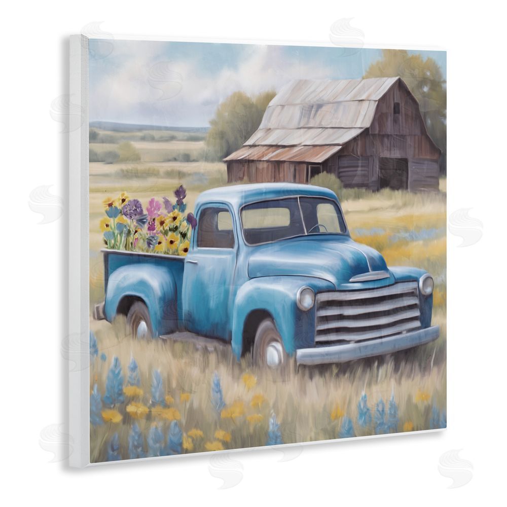 Kim Allen Flower Truck in Antique Blue Wall Plaque Art Print