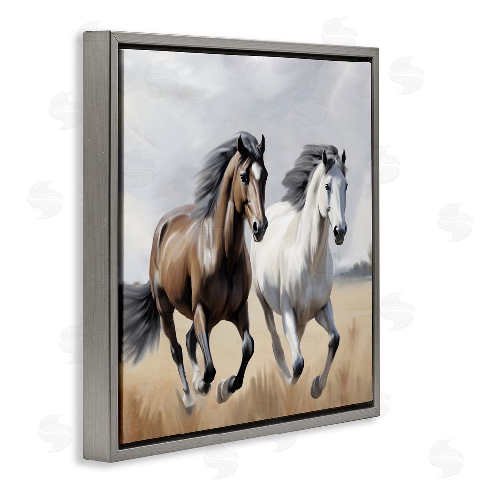 Kim Allen Wild Run Twin Horses Gray Floating Frame Canvas Wall Art Print