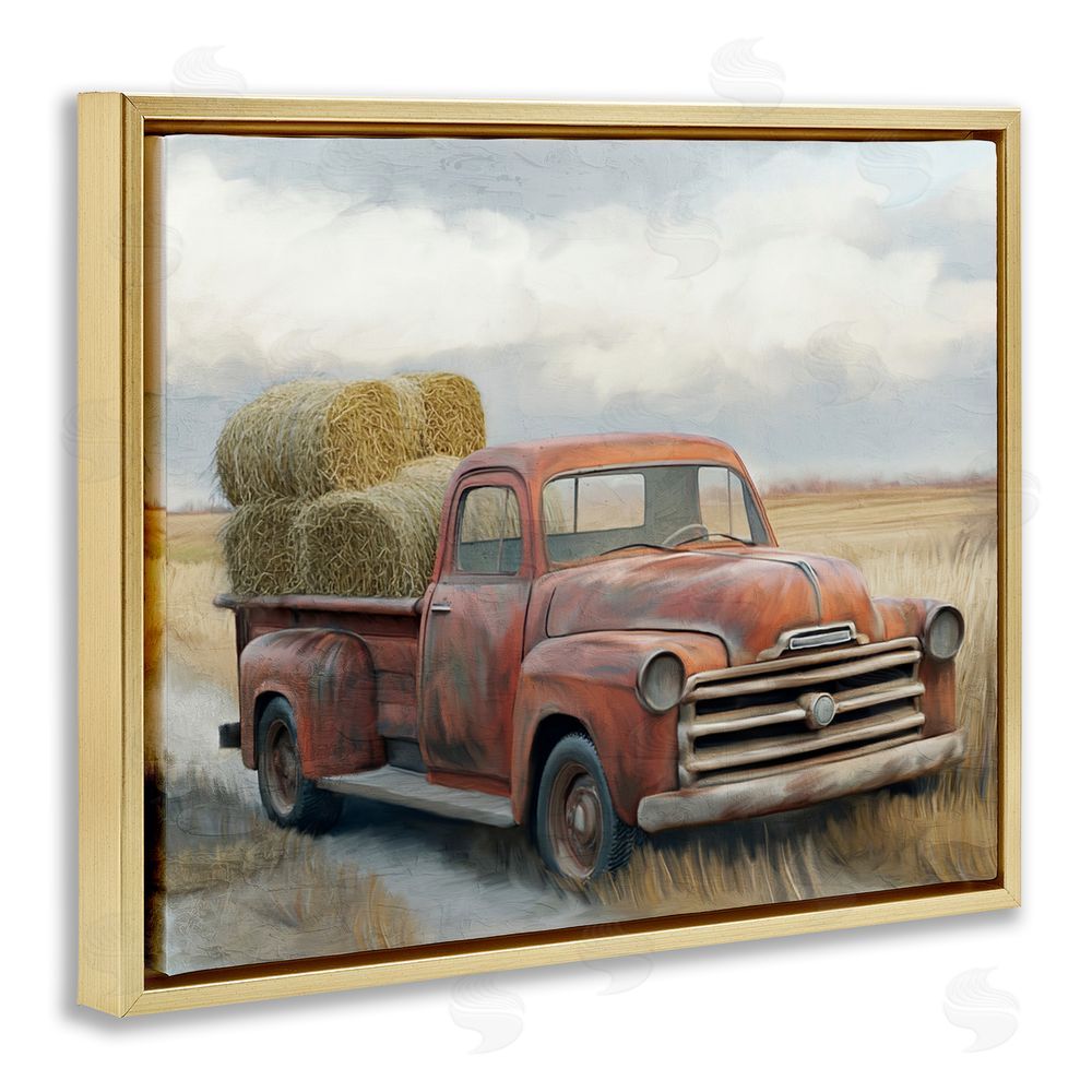 Kim Allen Hay Time Farm Truck Load Gold Floating Frame Canvas Wall Art Print