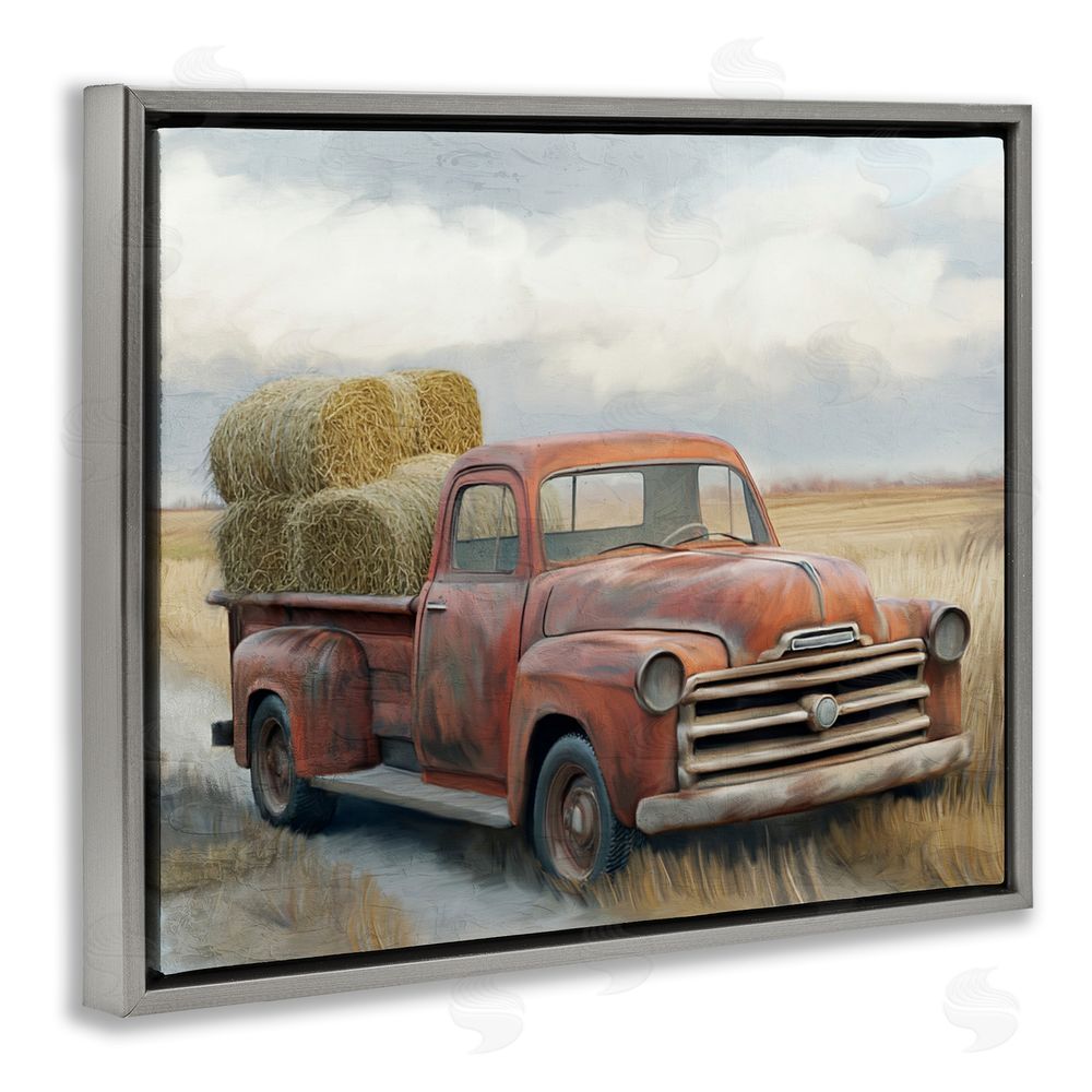 Kim Allen Hay Time Farm Truck Load Gray Floating Frame Canvas Wall Art Print