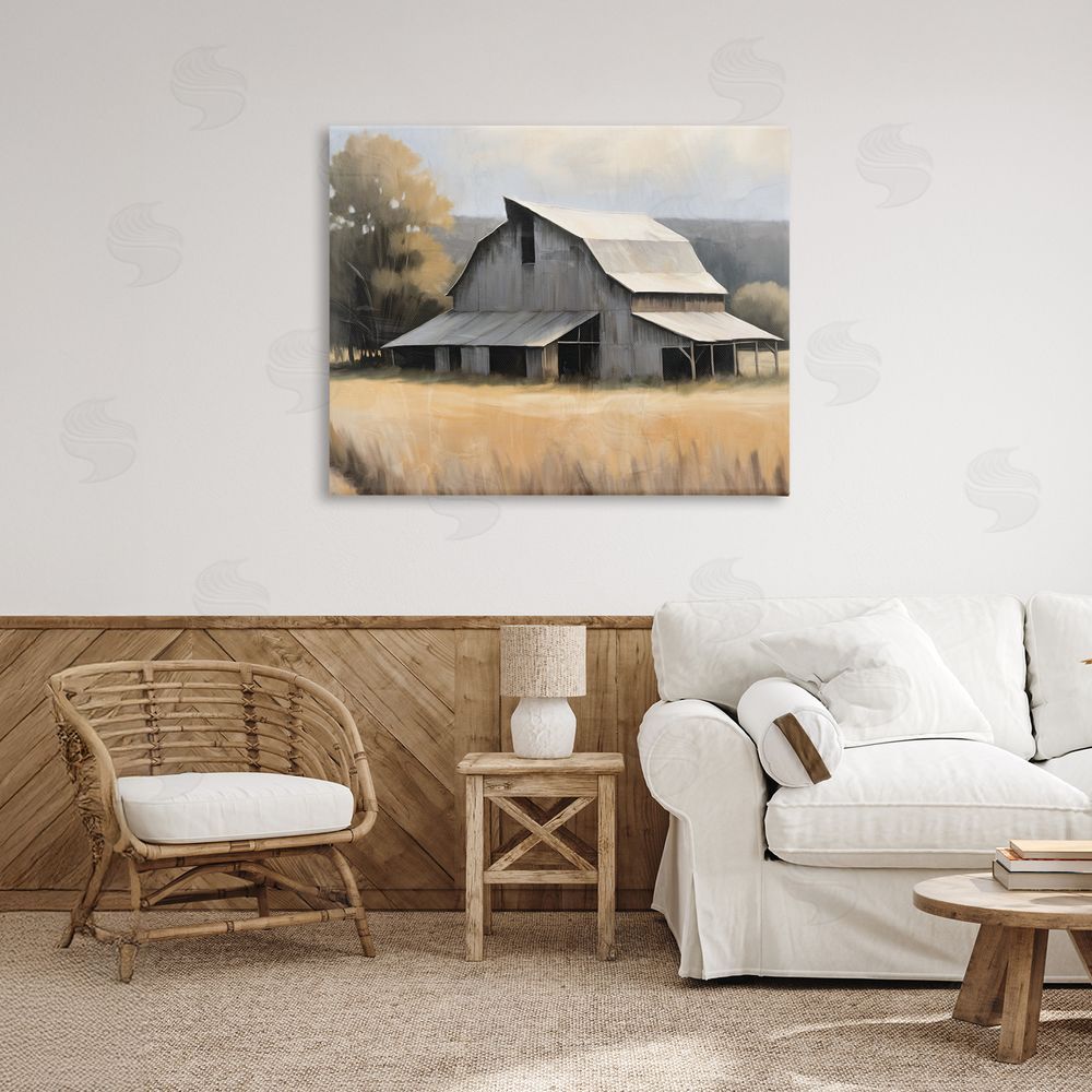 Kim Allen In The Field Farm Structure Canvas Wall Art Print in Room