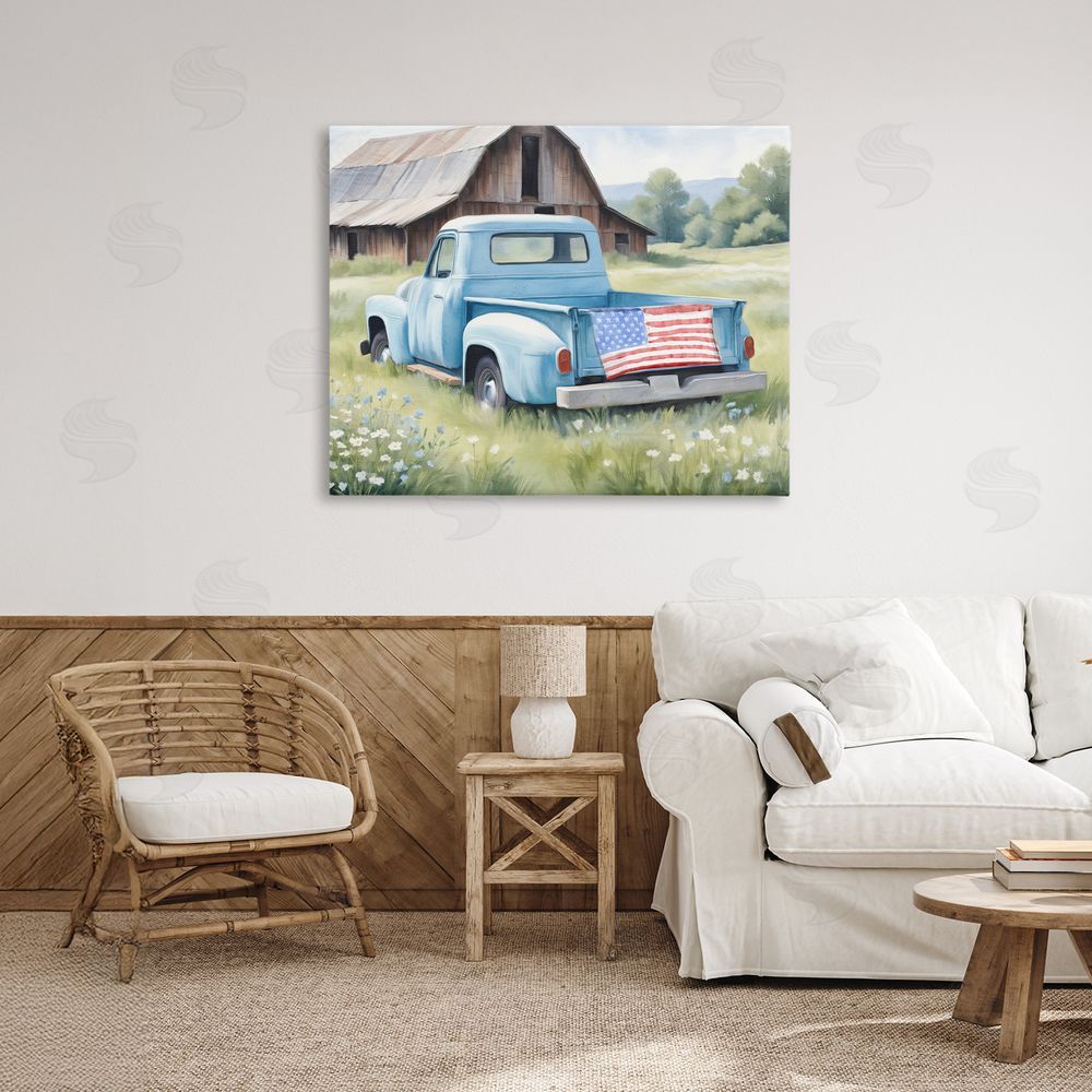 Kim Allen American Pride Truck on Farm Stretched Canvas Wall Art in Room