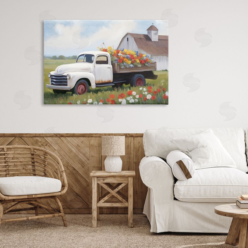 Kim Allen White Delivery Floral Truck Stretched Canvas Wall Art in Room