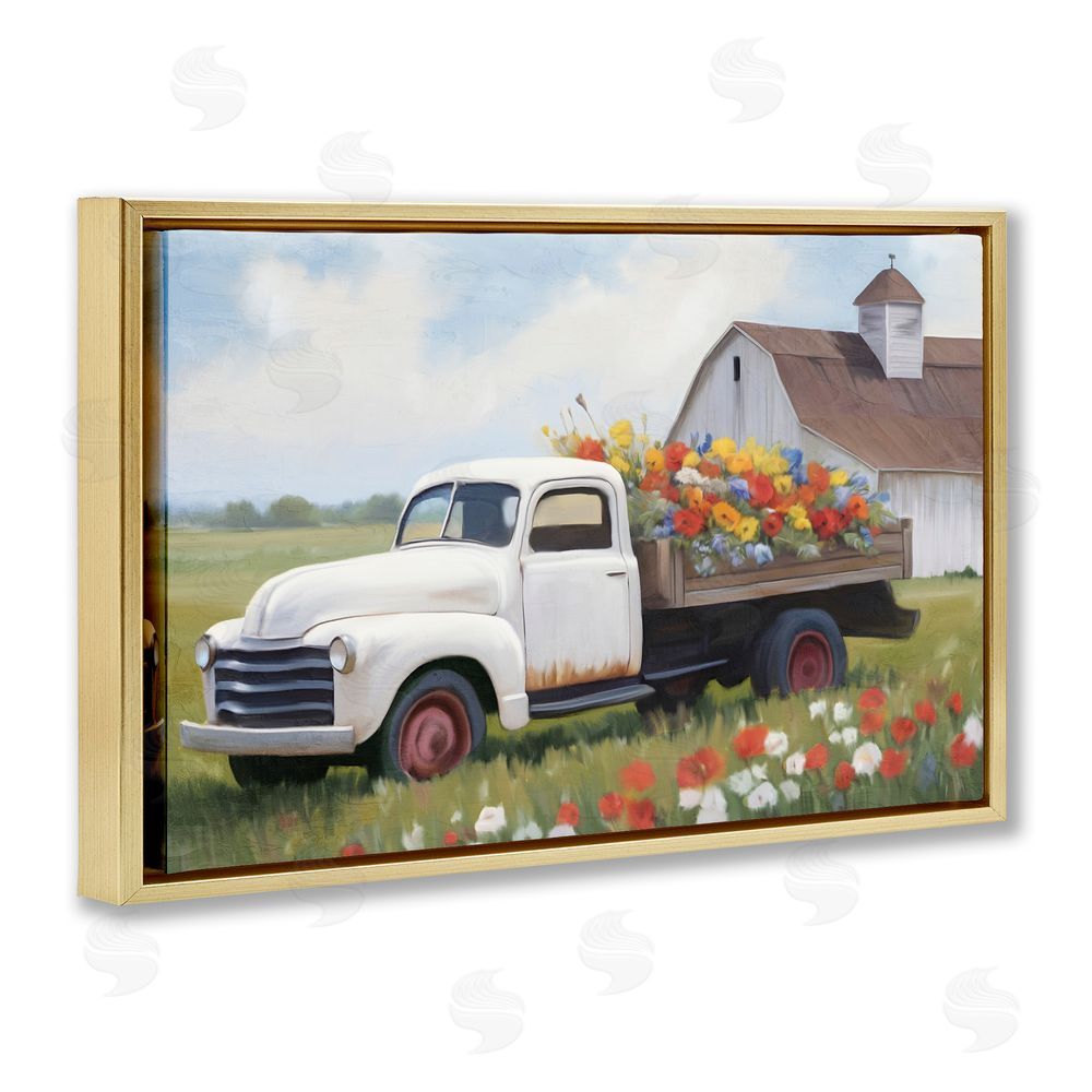 Kim Allen White Delivery Floral Truck Gold Floating Frame Canvas Wall Art Print