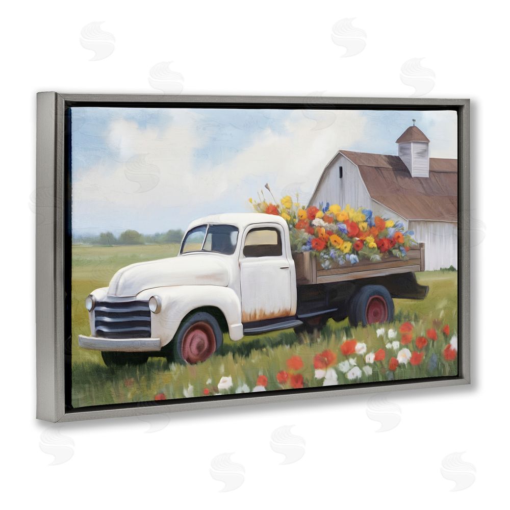 Kim Allen White Delivery Floral Truck Gray Floating Frame Canvas Wall Art Print