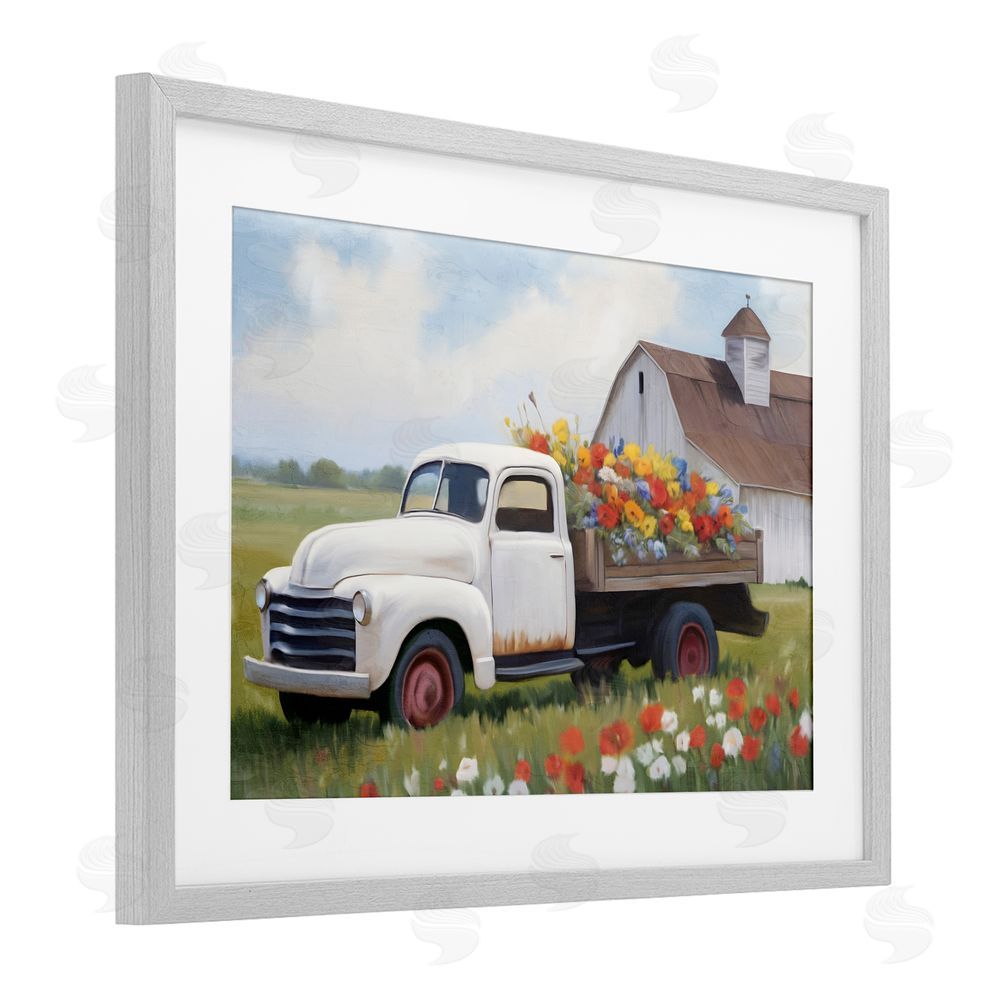 Kim Allen White Delivery Floral Truck Gray Framed Print Under Glass Wall Art
