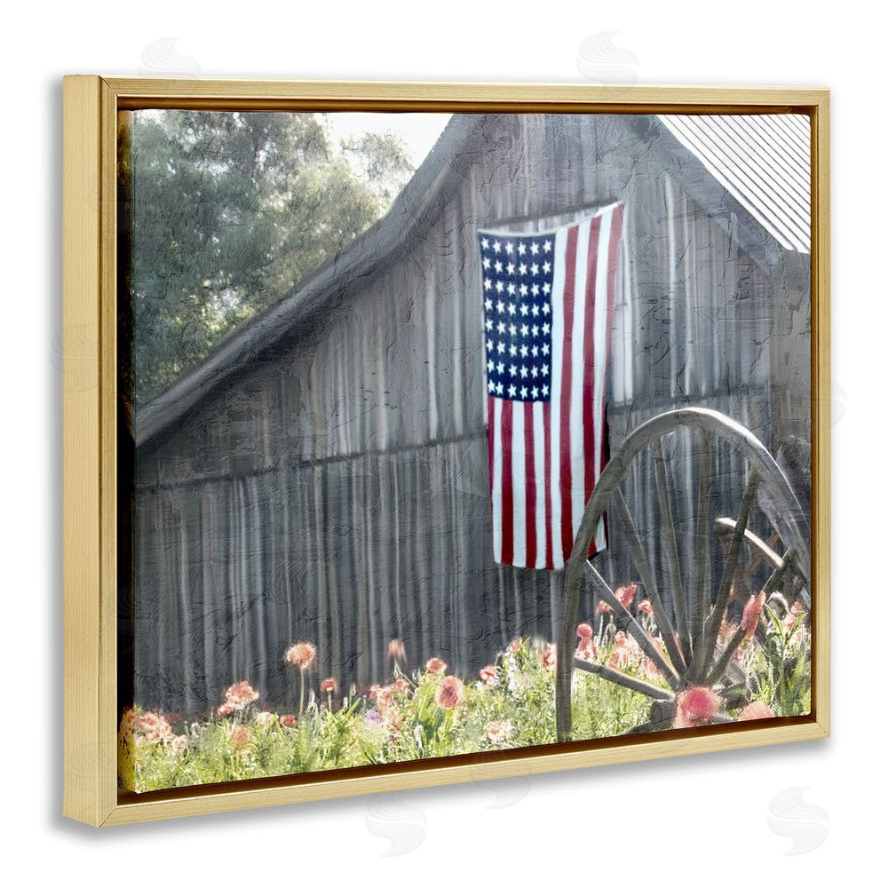Kim Allen USA Wagon Wheel Barn Gold Floating Frame Canvas Wall Art Print