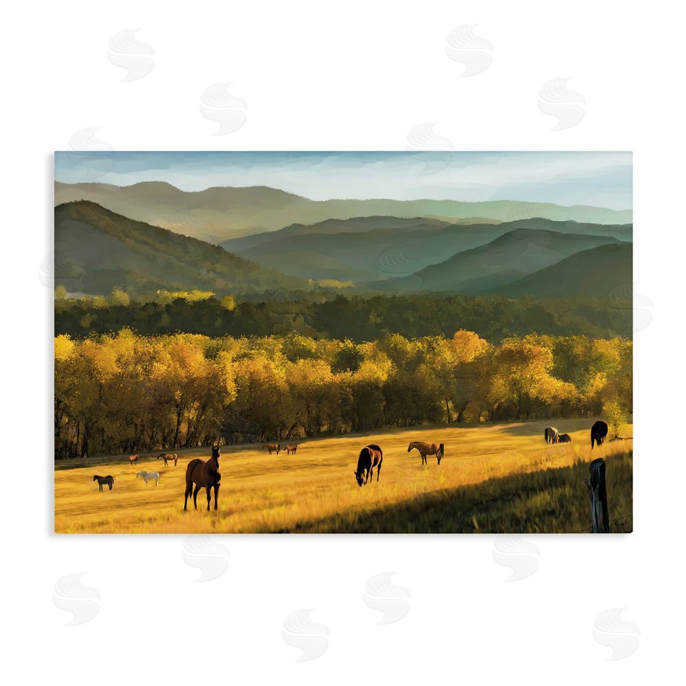 Renel Peters Grazing Horses in Valley Stretched Canvas Wall Art Print