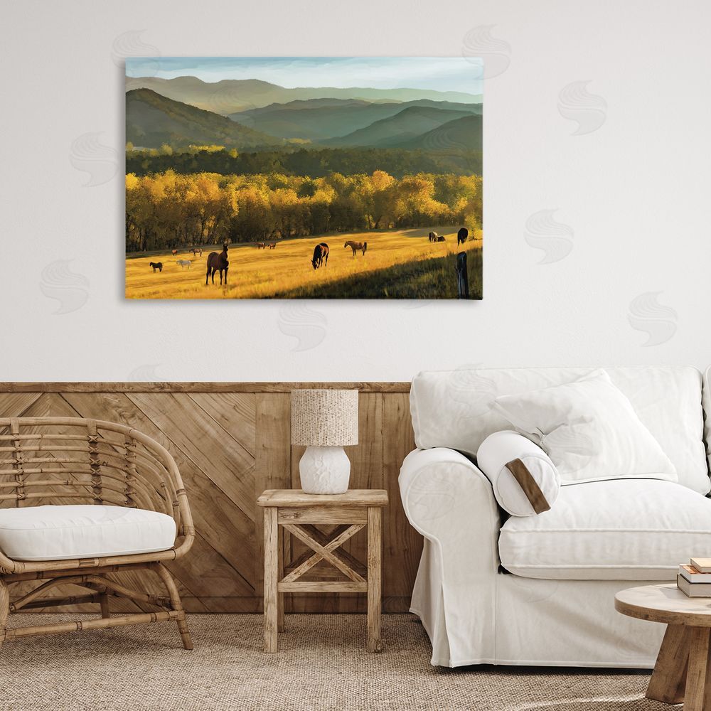 Renel Peters Grazing Horses in Valley Canvas Wall Art Print in Room