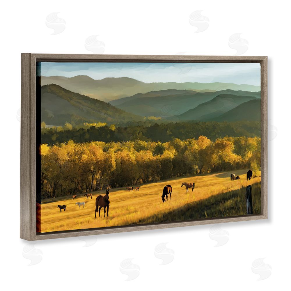 Renel Peters Grazing Horses in Valley Brown Floating Frame Canvas Wall Art Print