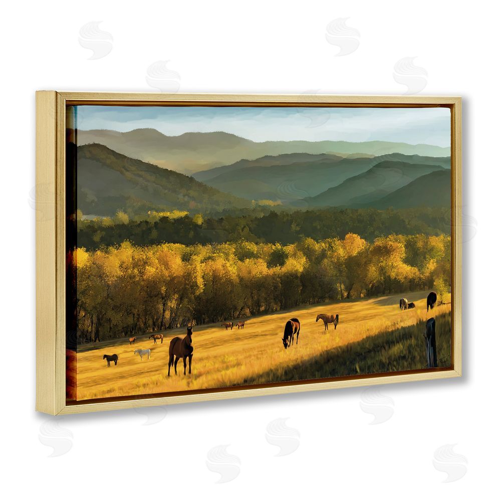 Renel Peters Grazing Horses in Valley Gold Floating Frame Canvas Wall Art Print