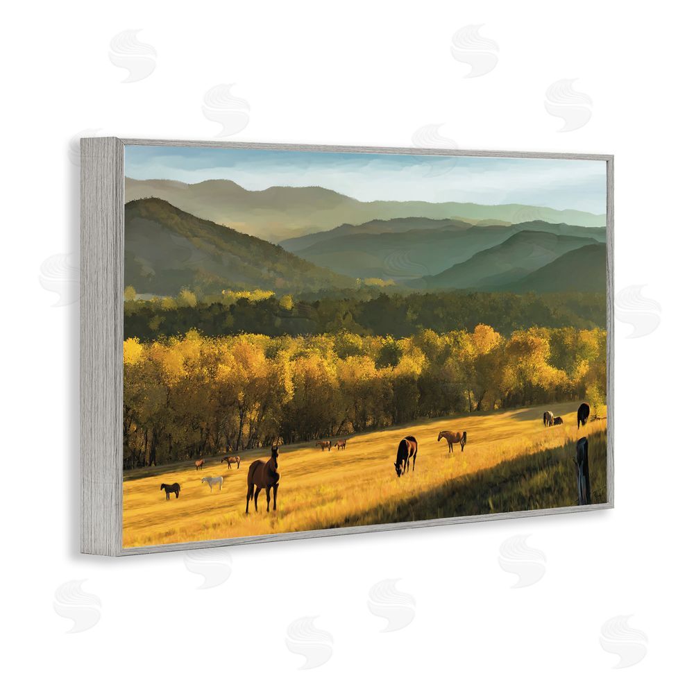 Renel Peters Grazing Horses in Valley Gray Framed Giclee Wall Art Print