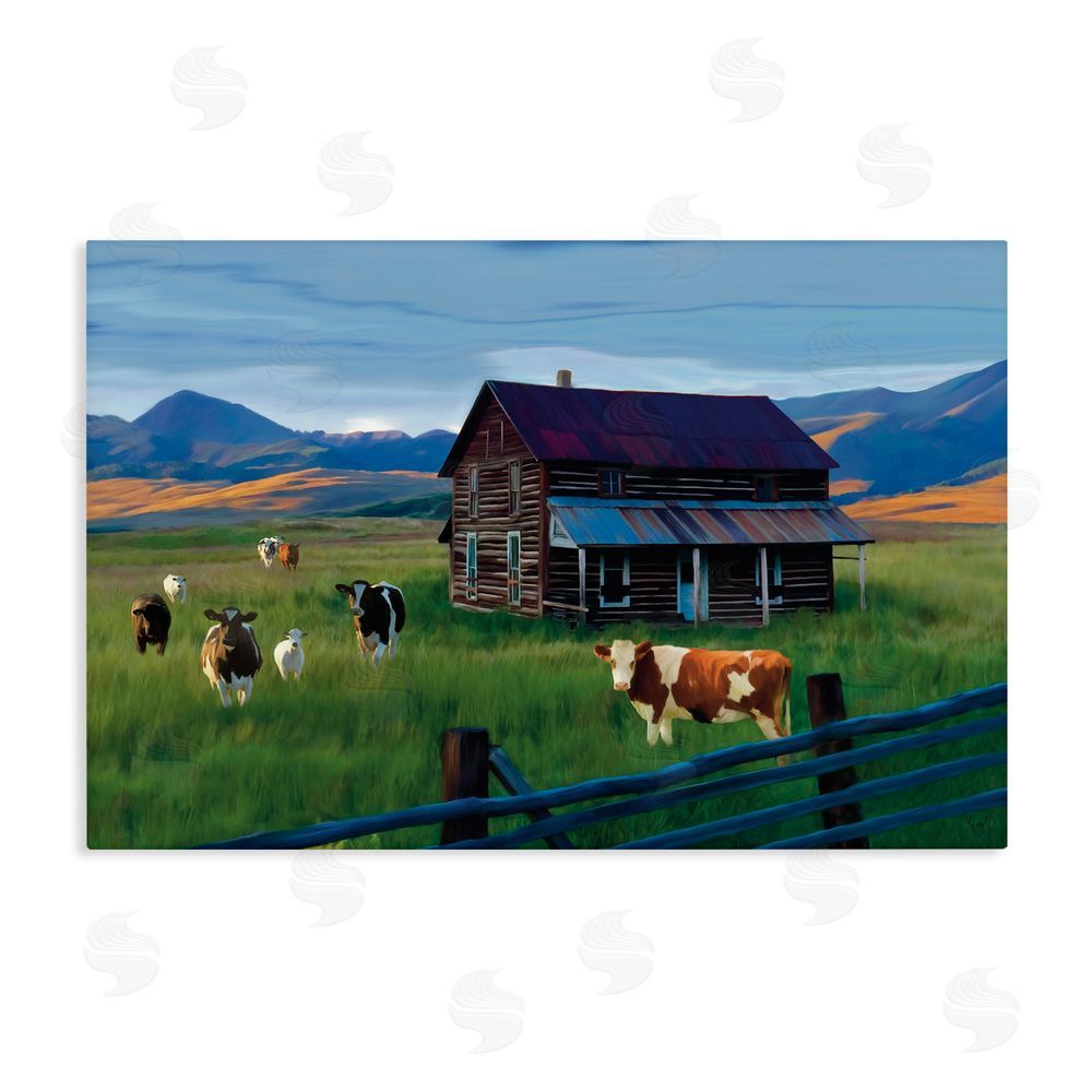 Renel Peters Grazing Cattle at Solitary Cabin Stretched Canvas Wall Art Print