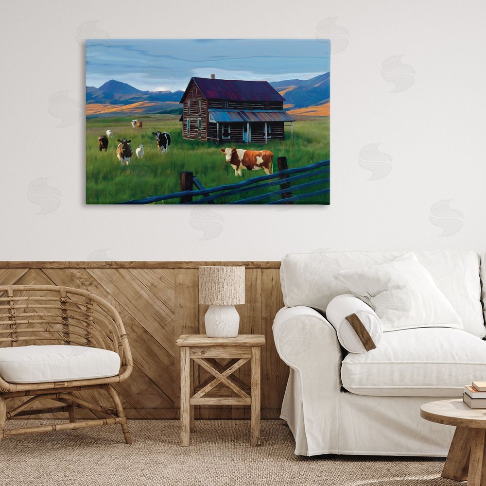 Renel Peters Grazing Cattle at Solitary Cabin Canvas Wall Art Print in Room