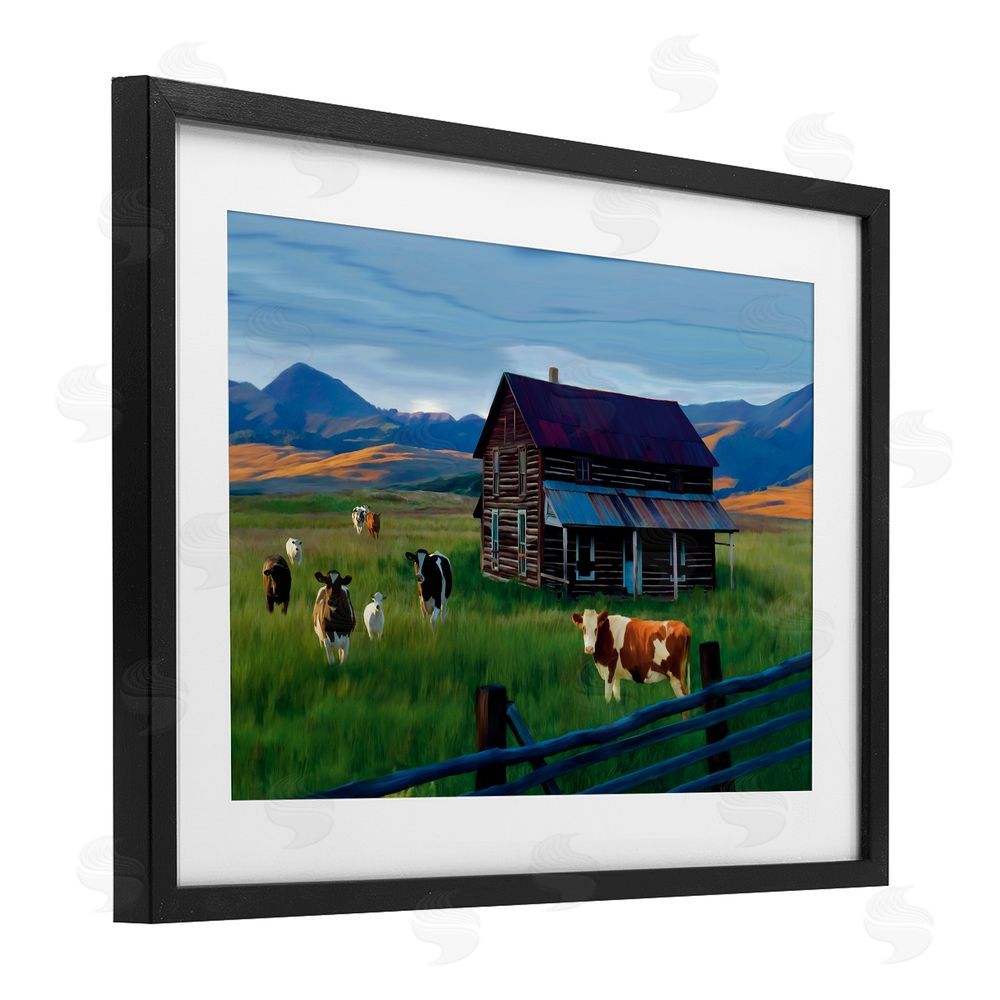 Renel Peters Grazing Cattle at Solitary Cabin Black Framed Print Under Glass Wall Art
