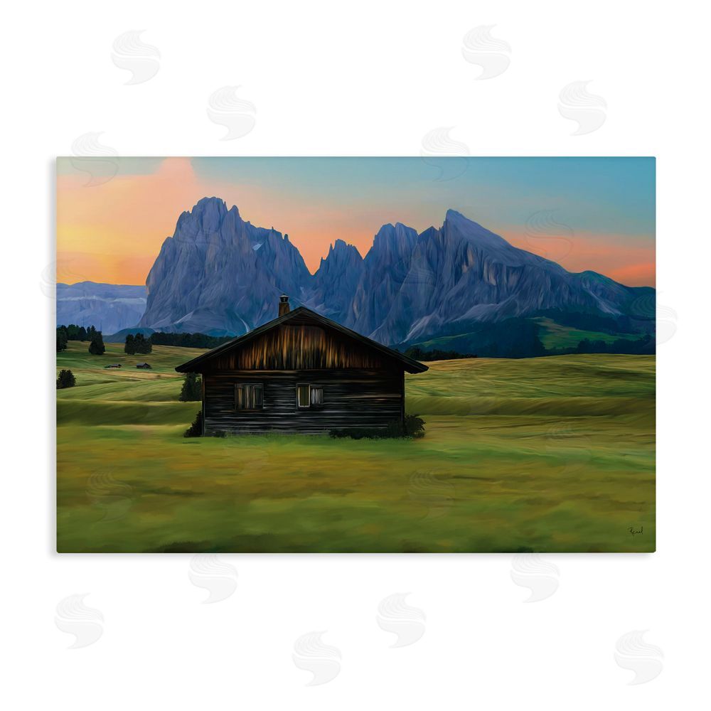 Renel Peters Solitary Cabin with Looming Cliffs Stretched Canvas Wall Art Print