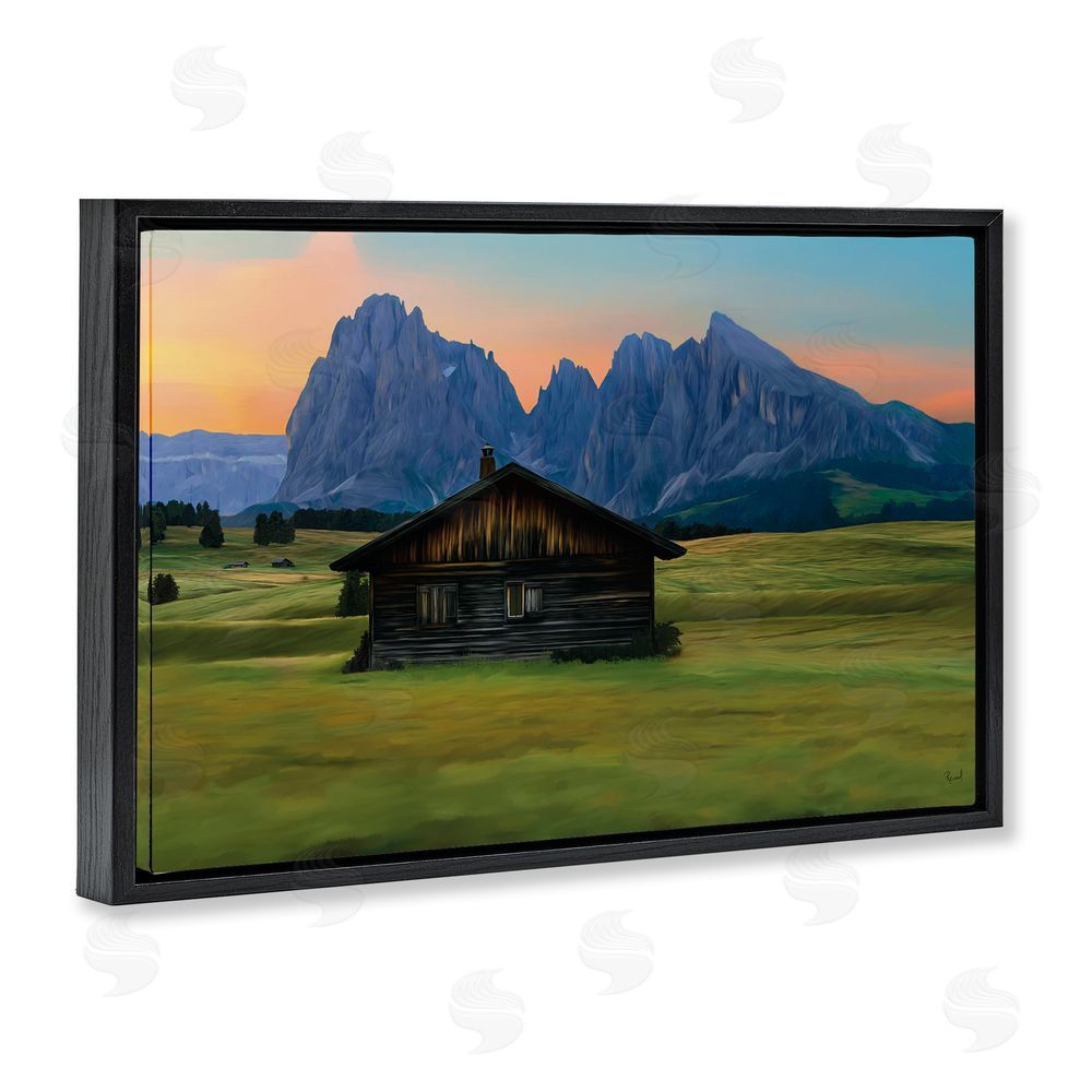 Renel Peters Solitary Cabin with Looming Cliffs Black Floating Frame Canvas Wall Art Print