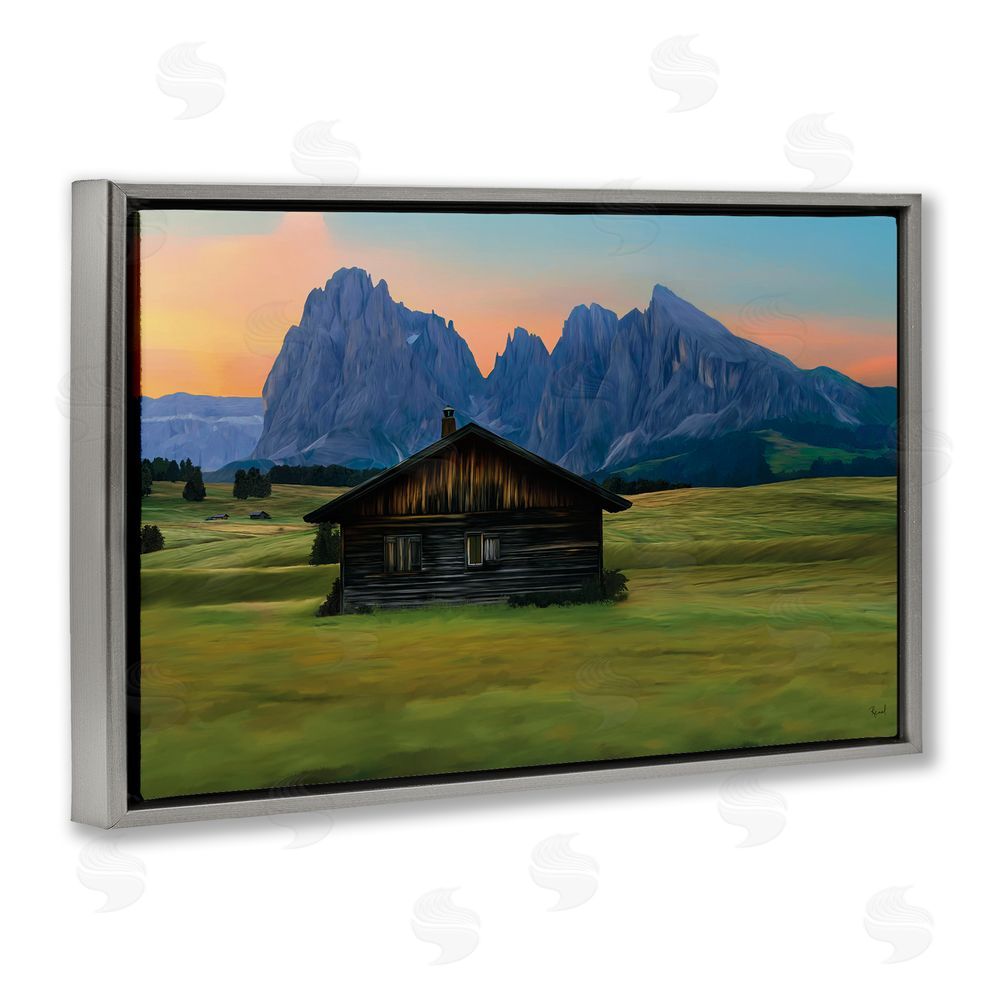 Renel Peters Solitary Cabin with Looming Cliffs Gray Floating Frame Canvas Wall Art Print