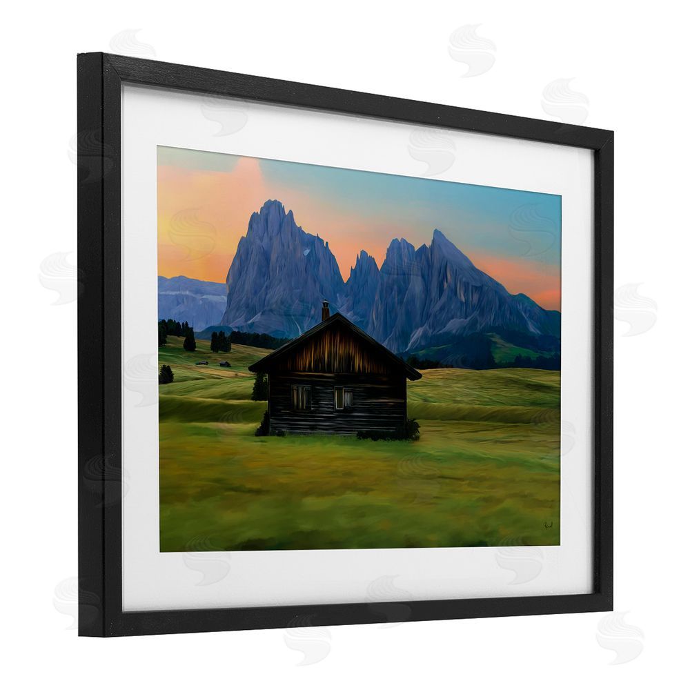 Renel Peters Solitary Cabin with Looming Cliffs Black Framed Print Under Glass Wall Art