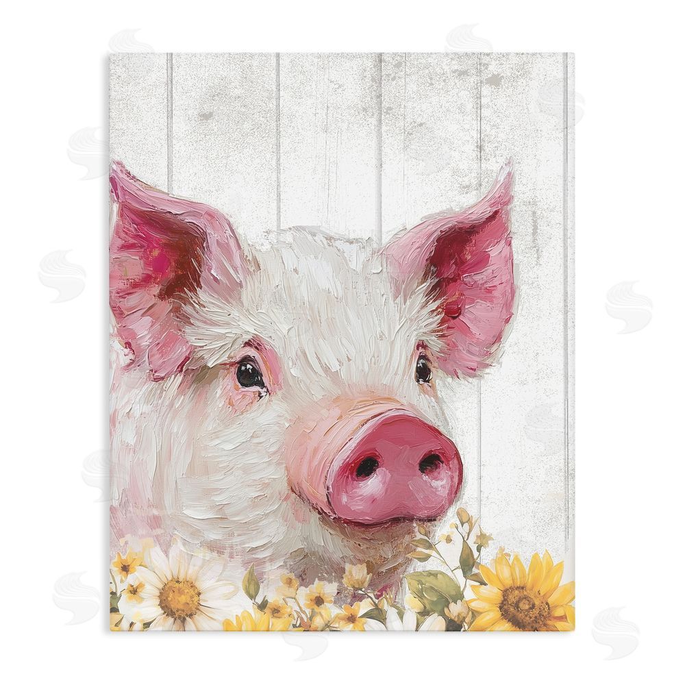 Christine Simpson Art Pig and Sunflowers Stretched Canvas Wall Art Print