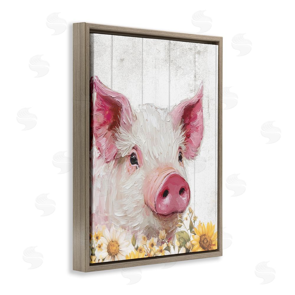 Christine Simpson Art Pig and Sunflowers Brown Floating Frame Canvas Wall Art Print
