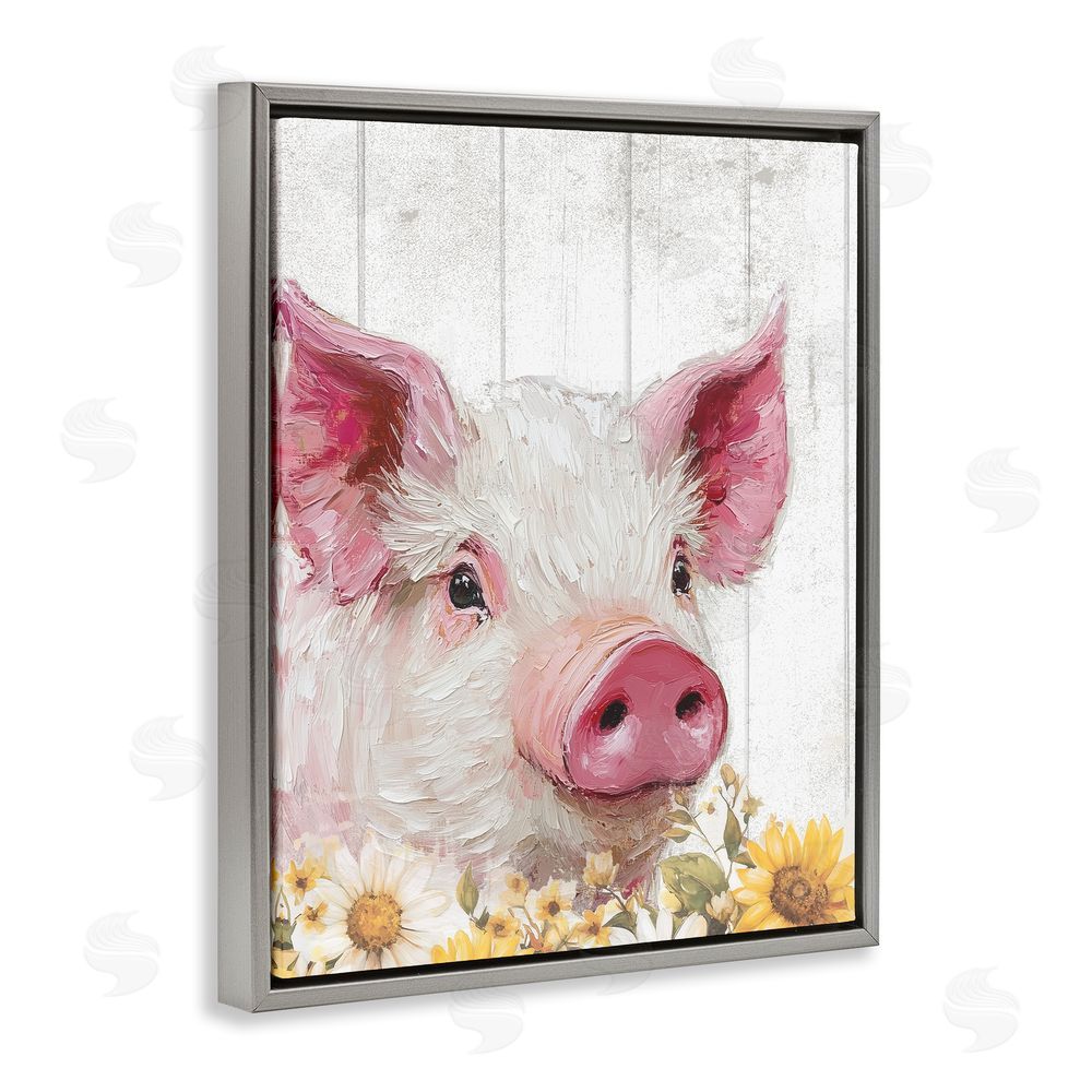 Christine Simpson Art Pig and Sunflowers Gray Floating Frame Canvas Wall Art Print