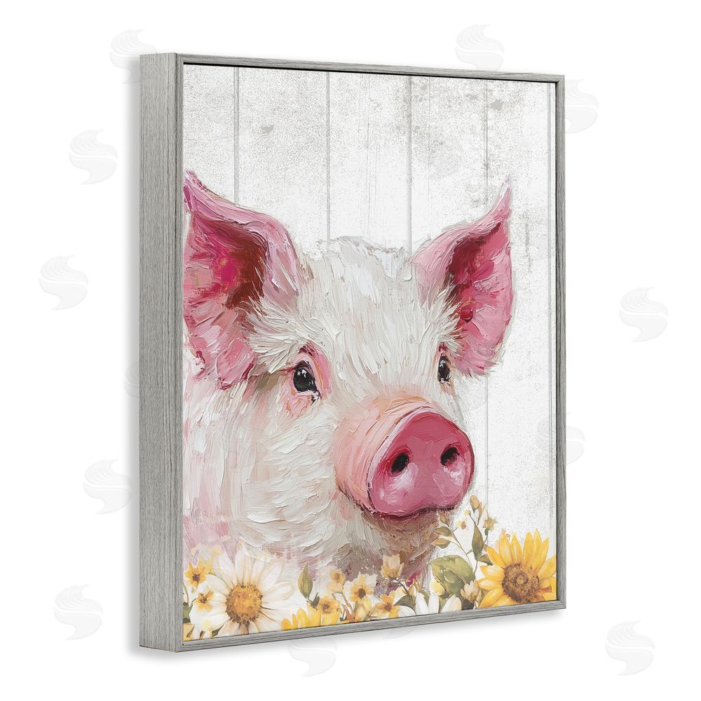 Christine Simpson Art Pig and Sunflowers Gray Framed Giclee Wall Art Print
