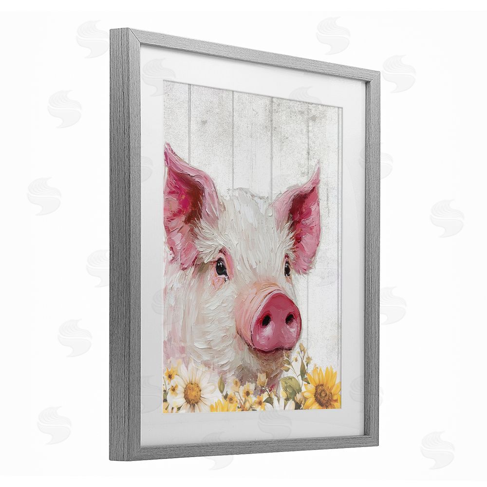 Christine Simpson Art Pig and Sunflowers Gray Framed Print Under Glass Wall Art