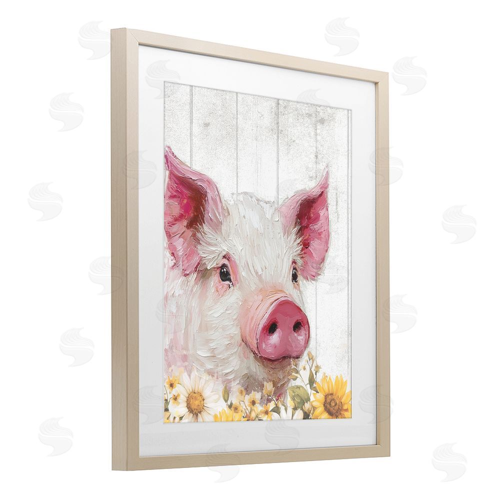 Christine Simpson Art Pig and Sunflowers Birch Framed Print Under Glass Wall Art