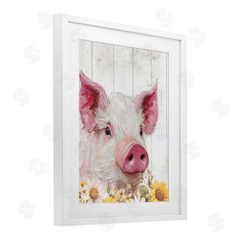 Christine Simpson Art Pig and Sunflowers White Framed Print Under Glass Wall Art