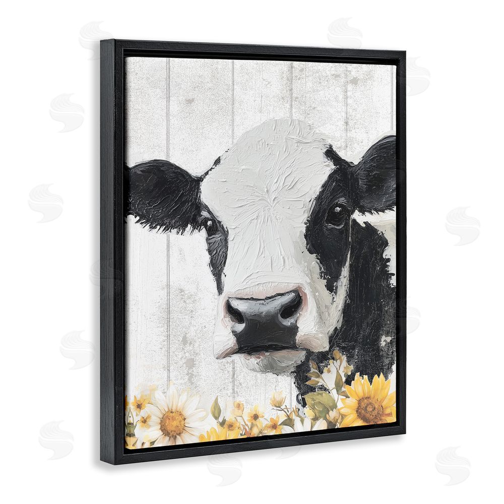 Christine Simpson Art Cow and Sunflowers Black Floating Frame Canvas Wall Art Print