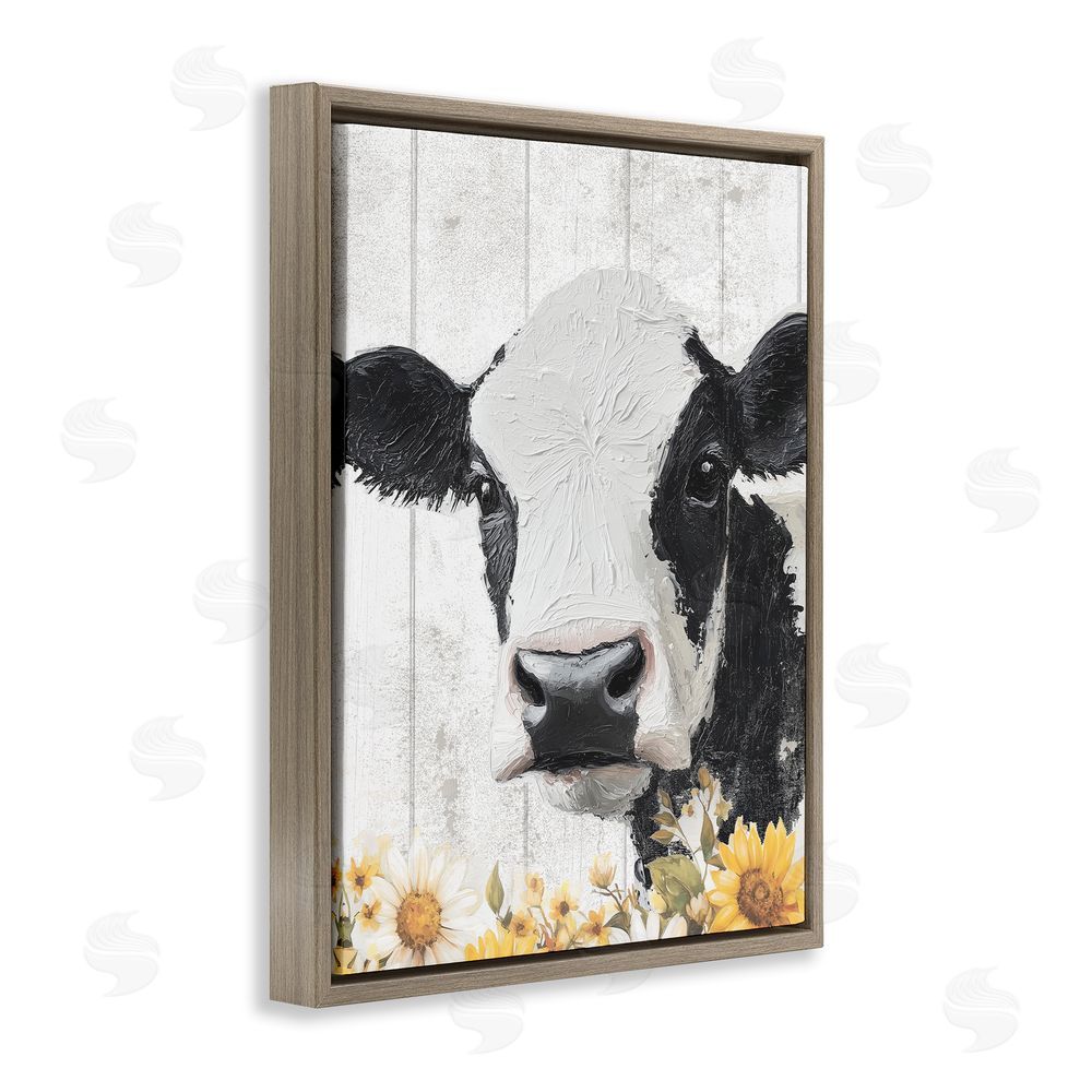 Christine Simpson Art Cow and Sunflowers Brown Floating Frame Canvas Wall Art Print