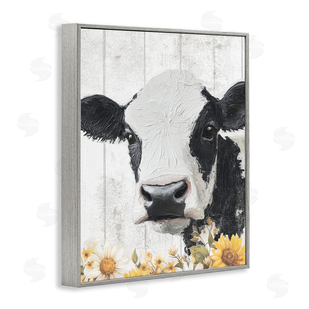 Christine Simpson Art Cow and Sunflowers Gray Framed Giclee Wall Art Print