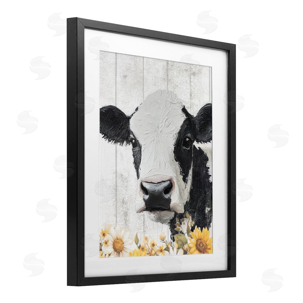 Christine Simpson Art Cow and Sunflowers Black Framed Print Under Glass Wall Art