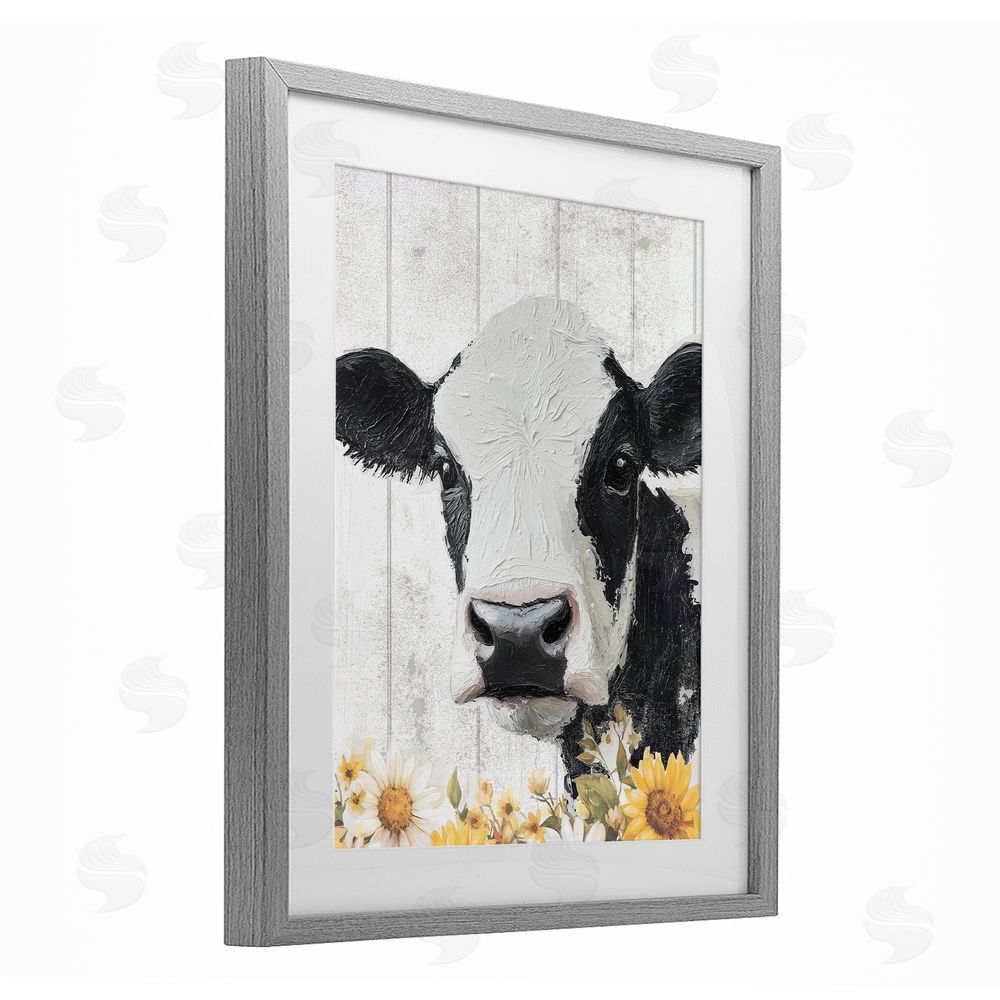 Christine Simpson Art Cow and Sunflowers Gray Framed Print Under Glass Wall Art