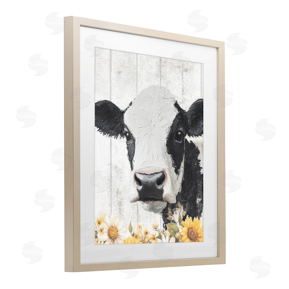 Christine Simpson Art Cow and Sunflowers Birch Framed Print Under Glass Wall Art