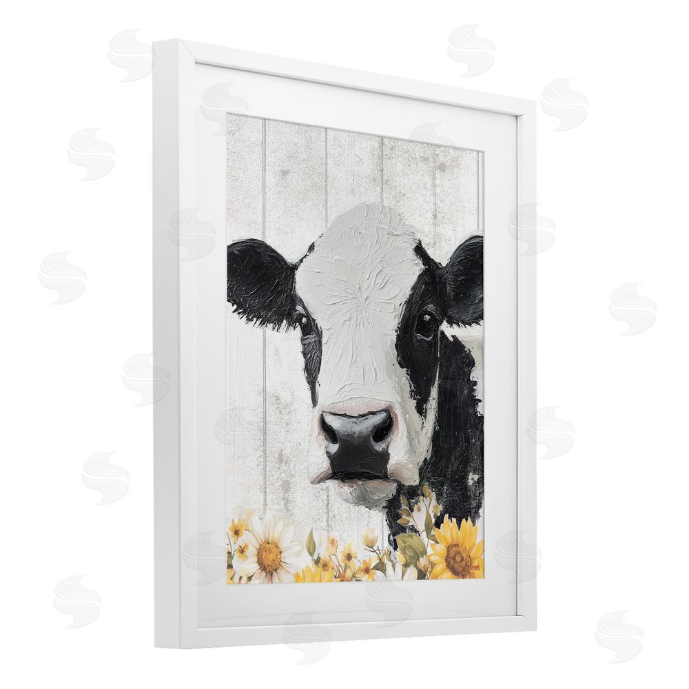 Christine Simpson Art Cow and Sunflowers White Framed Print Under Glass Wall Art