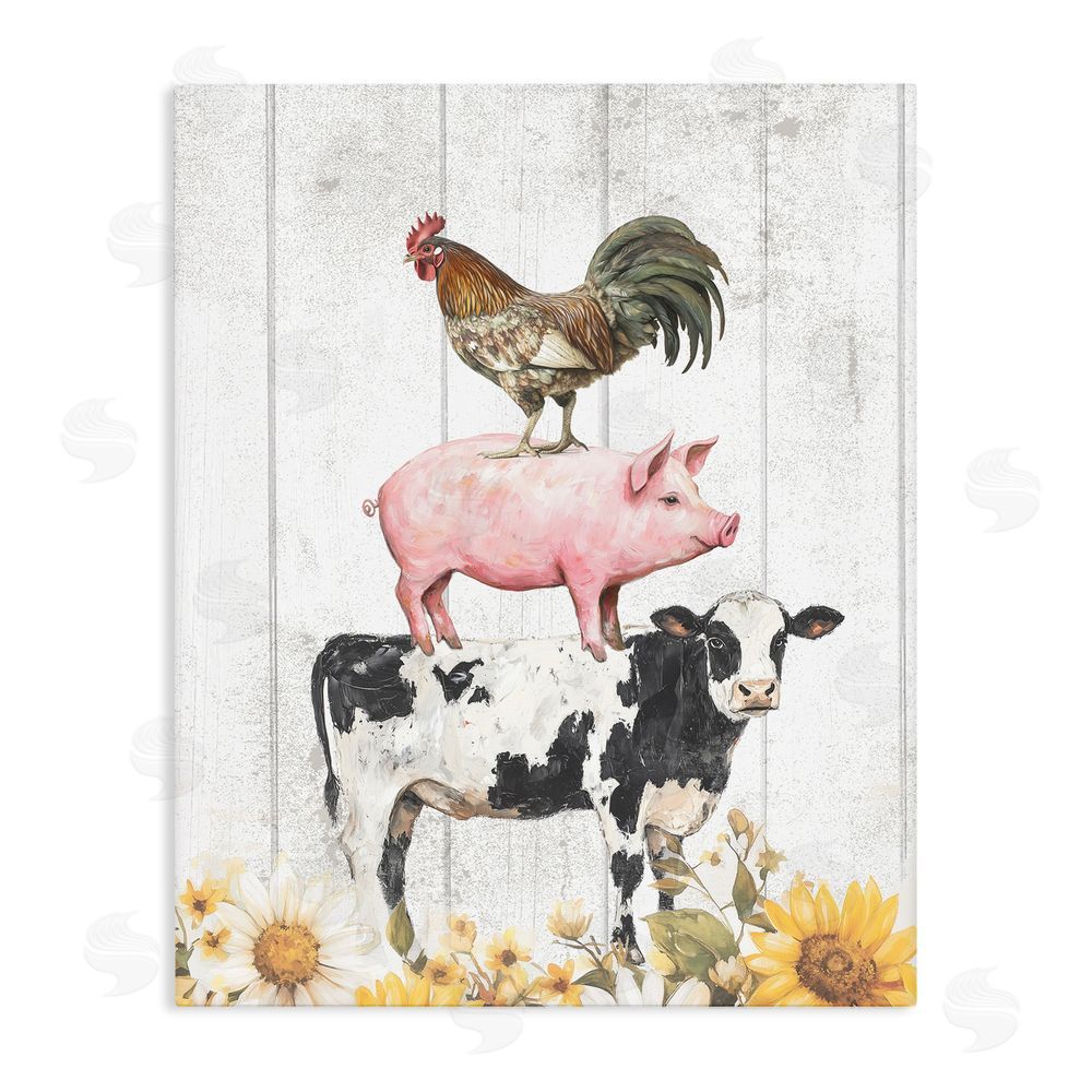 Christine Simpson Art Farm Animal Stack and Sunflowers Stretched Canvas Wall Art Print