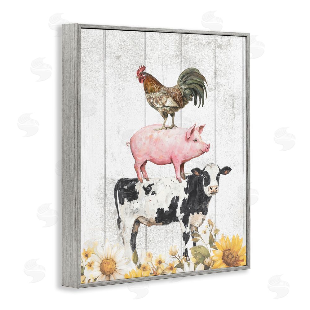 Christine Simpson Art Farm Animal Stack and Sunflowers Gray Framed Giclee Wall Art Print