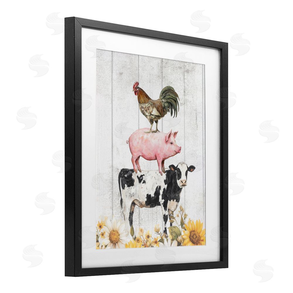 Christine Simpson Art Farm Animal Stack and Sunflowers Black Framed Print Under Glass Wall Art