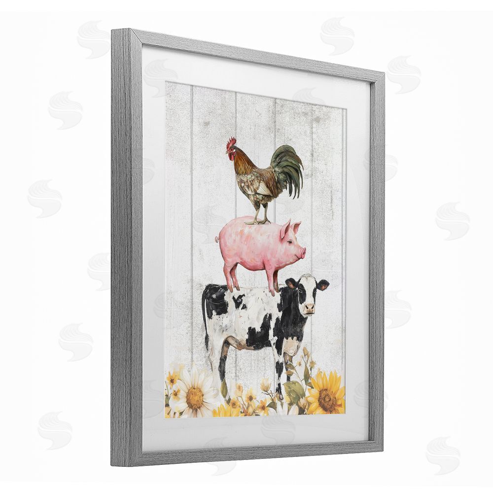 Christine Simpson Art Farm Animal Stack and Sunflowers Gray Framed Print Under Glass Wall Art