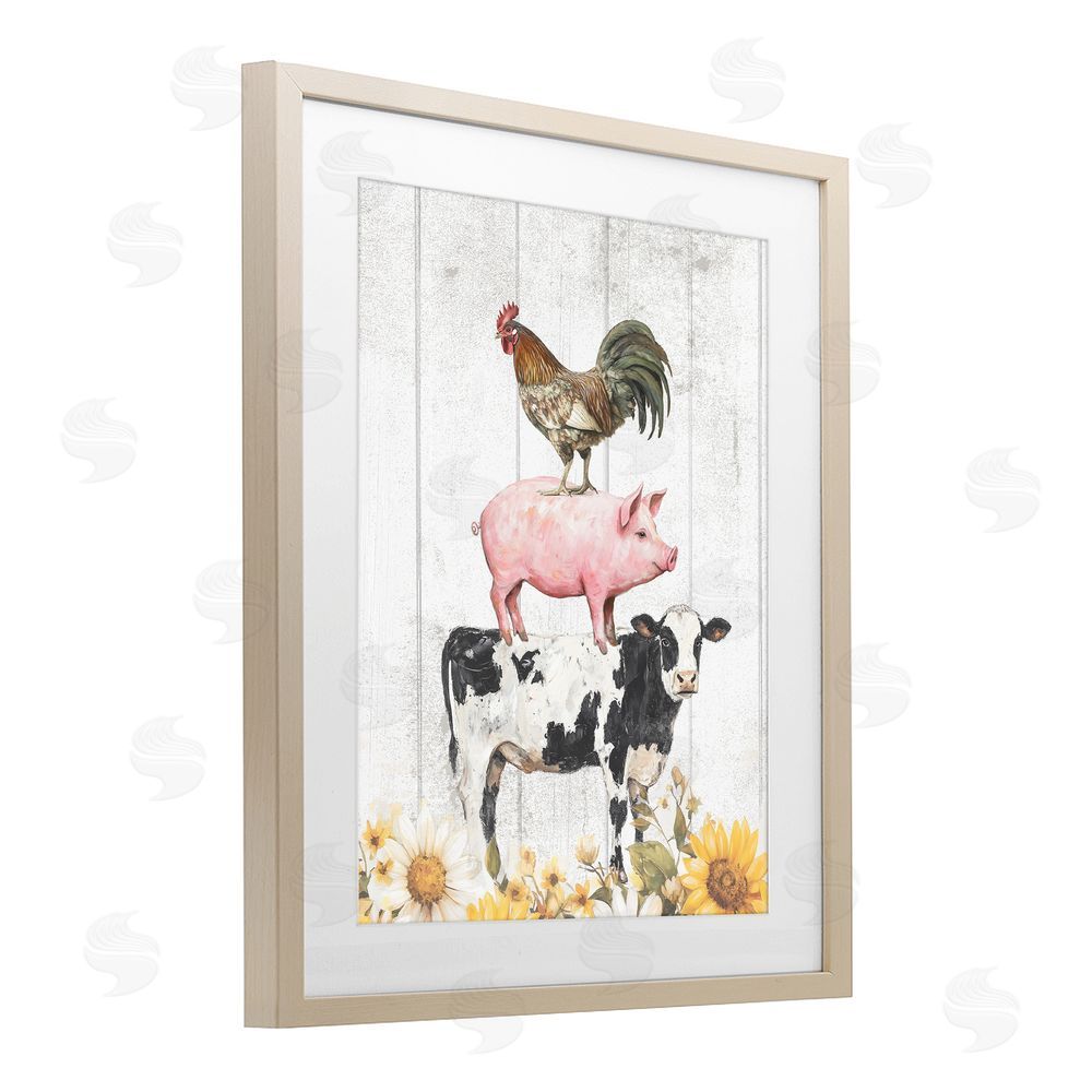 Christine Simpson Art Farm Animal Stack and Sunflowers Birch Framed Print Under Glass Wall Art