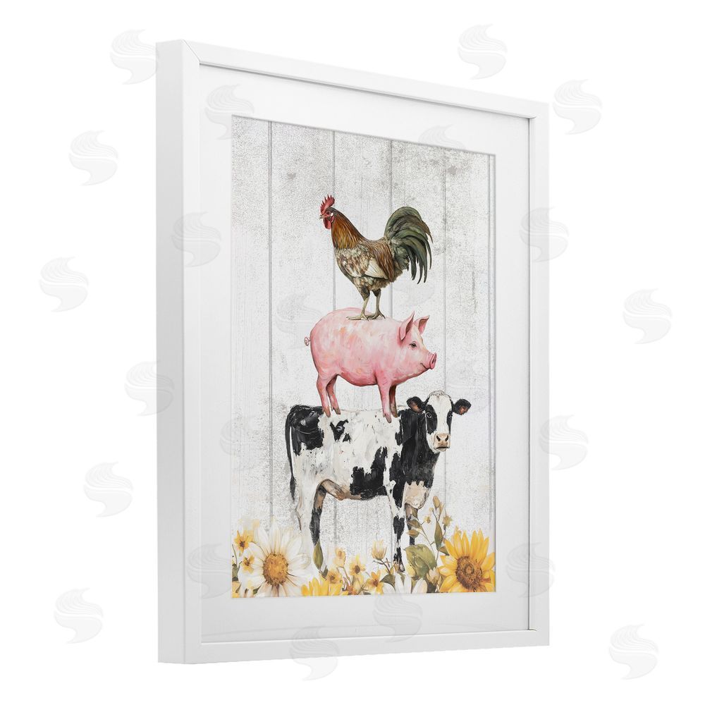 Christine Simpson Art Farm Animal Stack and Sunflowers White Framed Print Under Glass Wall Art
