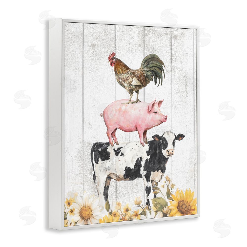 Christine Simpson Art Farm Animal Stack and Sunflowers White Framed Giclee Wall Art Print