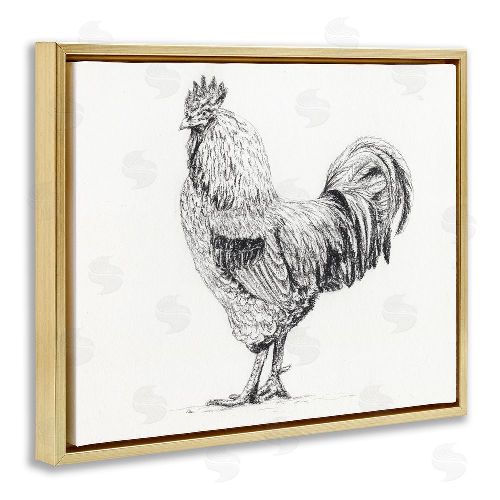Leah Noel Art Rooster in Charcoal Gold Floating Frame Canvas Wall Art Print