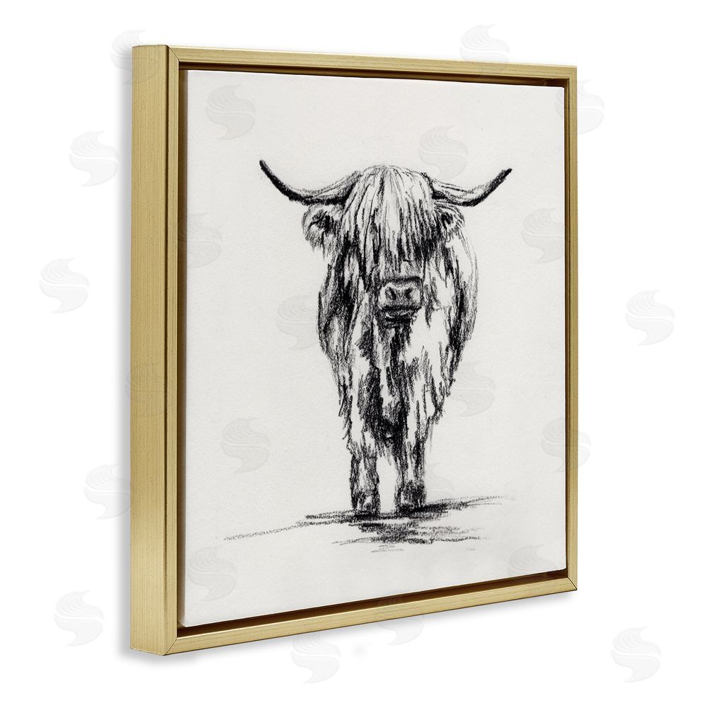 Leah Noel Art Highland Cow in Charcoal Gold Floating Frame Canvas Wall Art Print