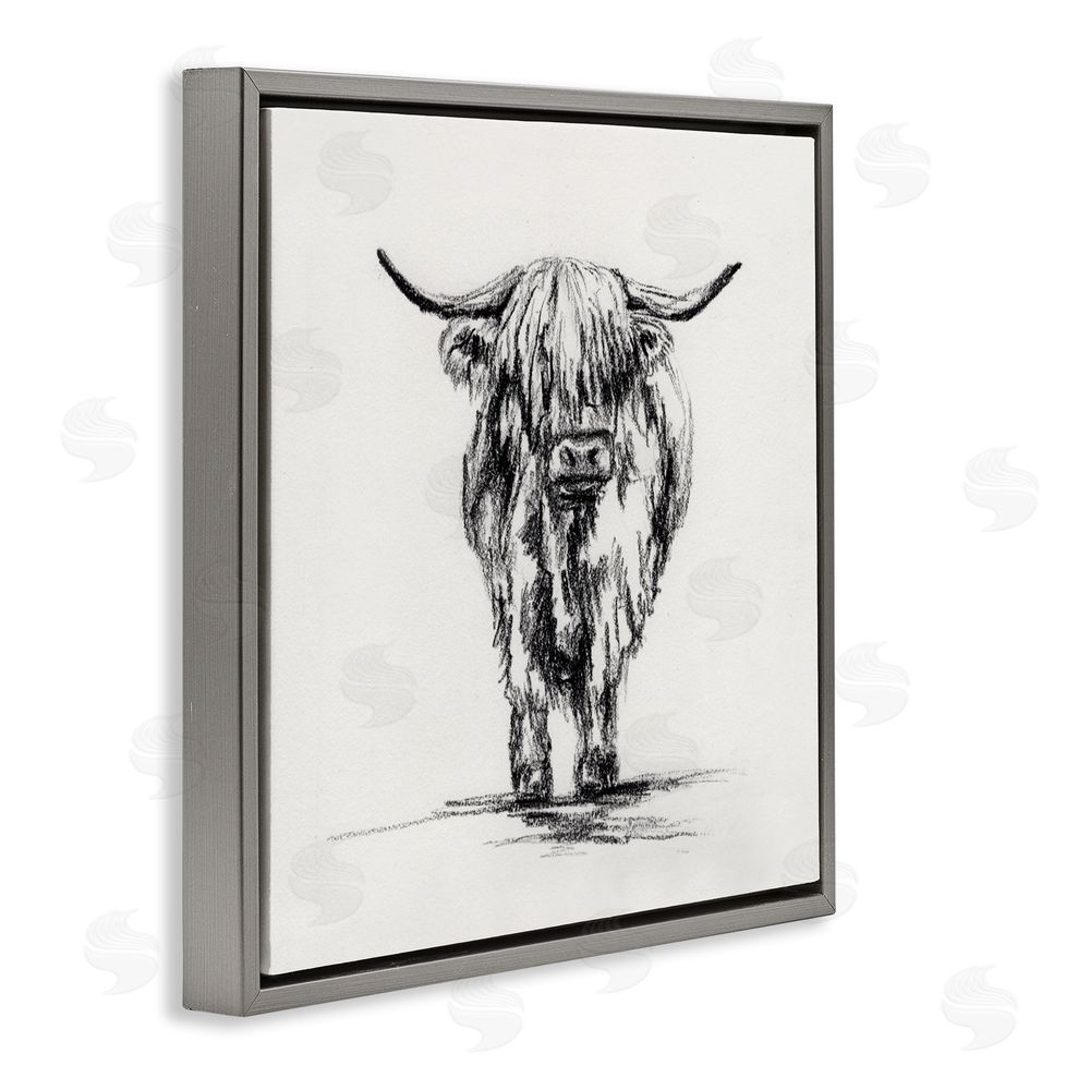 Leah Noel Art Highland Cow in Charcoal Gray Floating Frame Canvas Wall Art Print