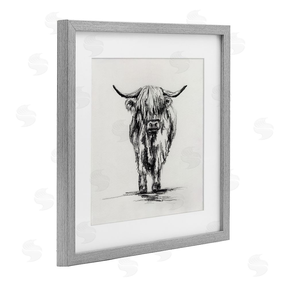 Leah Noel Art Highland Cow in Charcoal Gray Framed Print Under Glass Wall Art
